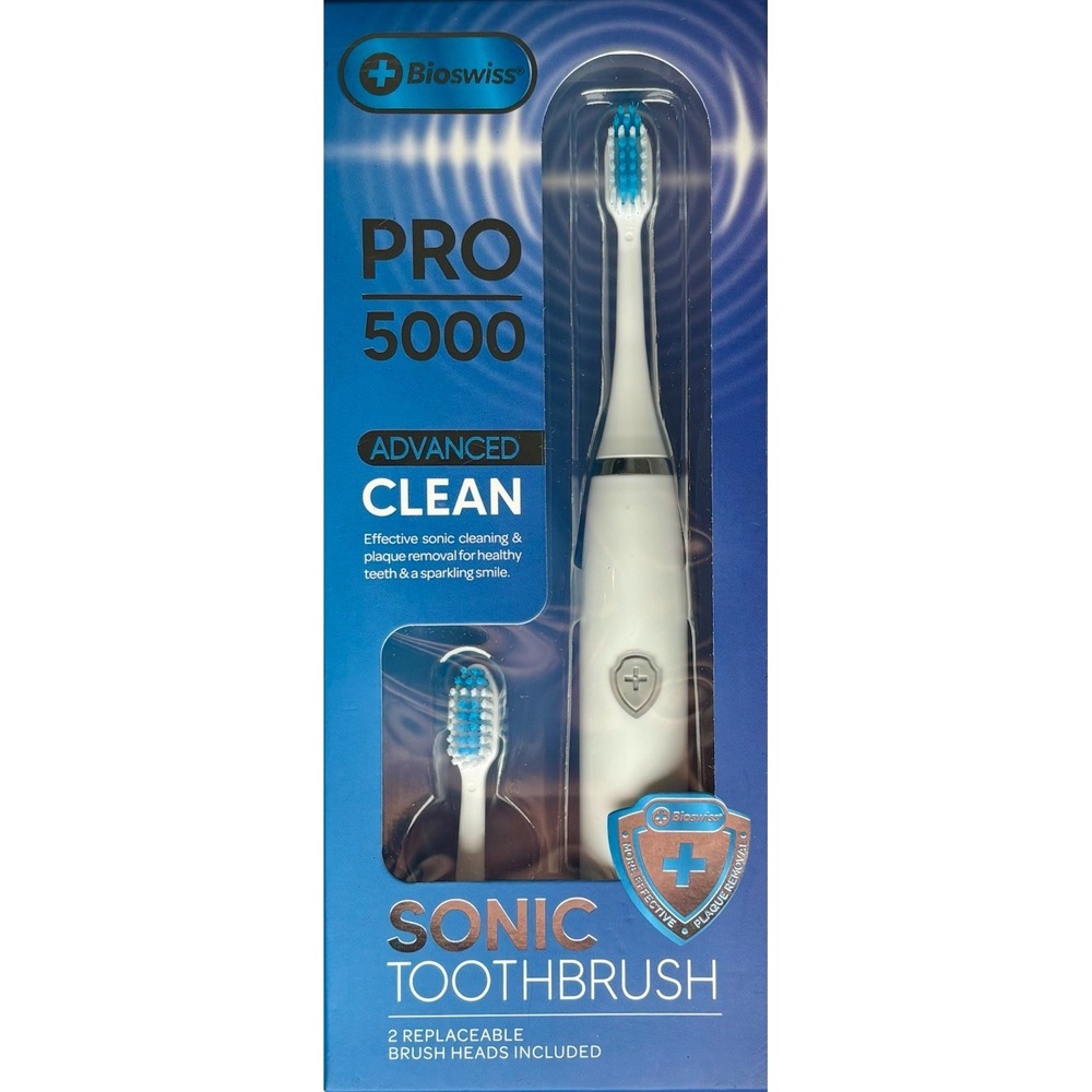 Bioswiss PRO 5000 Sonic Electric Toothbrush With 2 Heads AA Battery New In Box